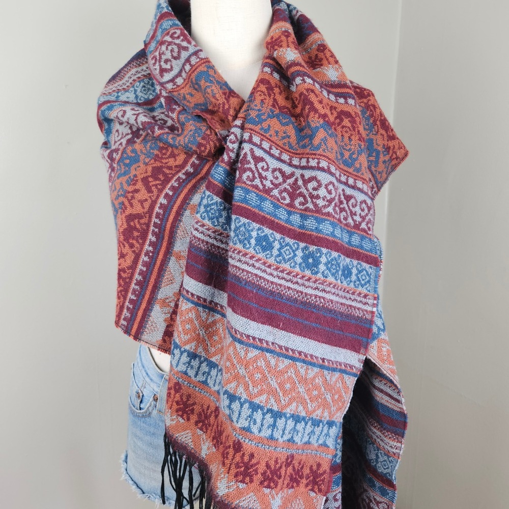 Sacred Threads Woven Boho Tribal Scarf Wrap Rust Teal Maroon - Picture 3 of 11